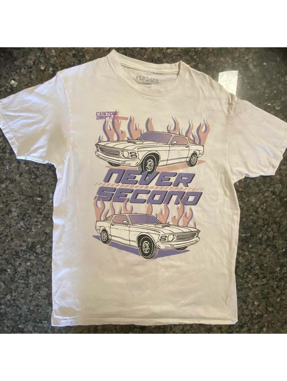 Persaya Men's White Graphic Car T-Shirt Large Crew Neck Cotton Short Sleeve